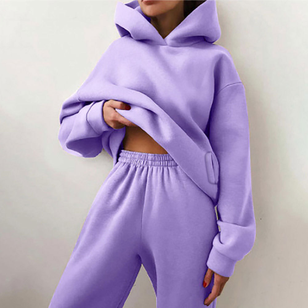 Hooded Sweatshirt and Pants Set for Women Solid Color Casual Outfit Spring Fashion