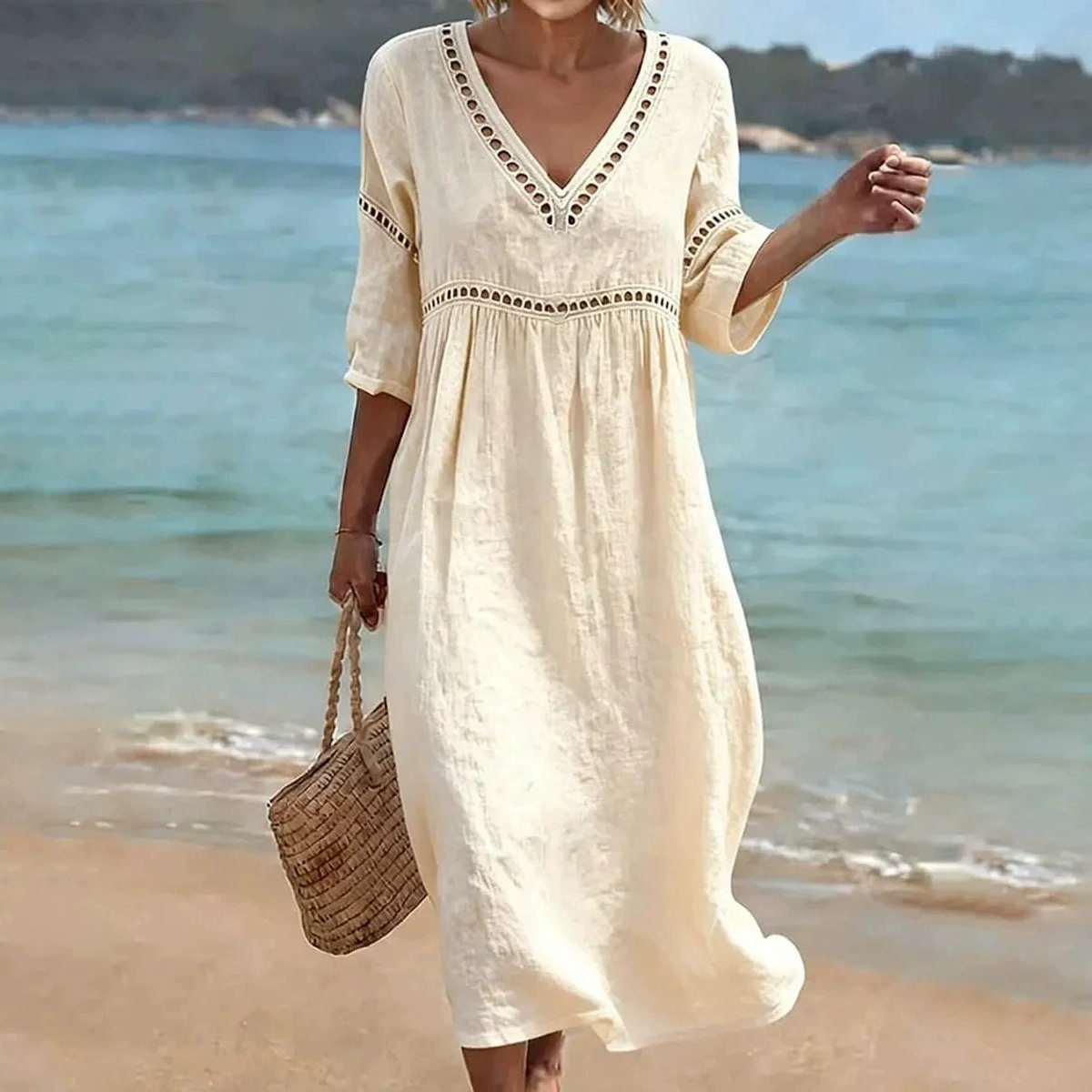 Summer Casual V Neck Dress Loose Fit Solid Color Vacation Style Wholesale Available low MOQ customizable