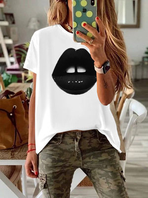 Plus Size Womens Black Short Sleeve T Shirt Lips Print Round Neck Fitted Style Casual Wear Wholesale Available