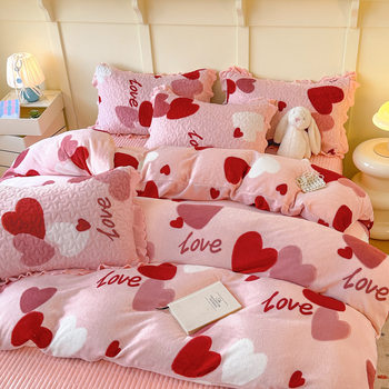 New Thickened Milk Velvet Cute Cartoon Small Fresh Print Home Bed Cover Four-Piece Set Student Dormitory Three-Piece Set