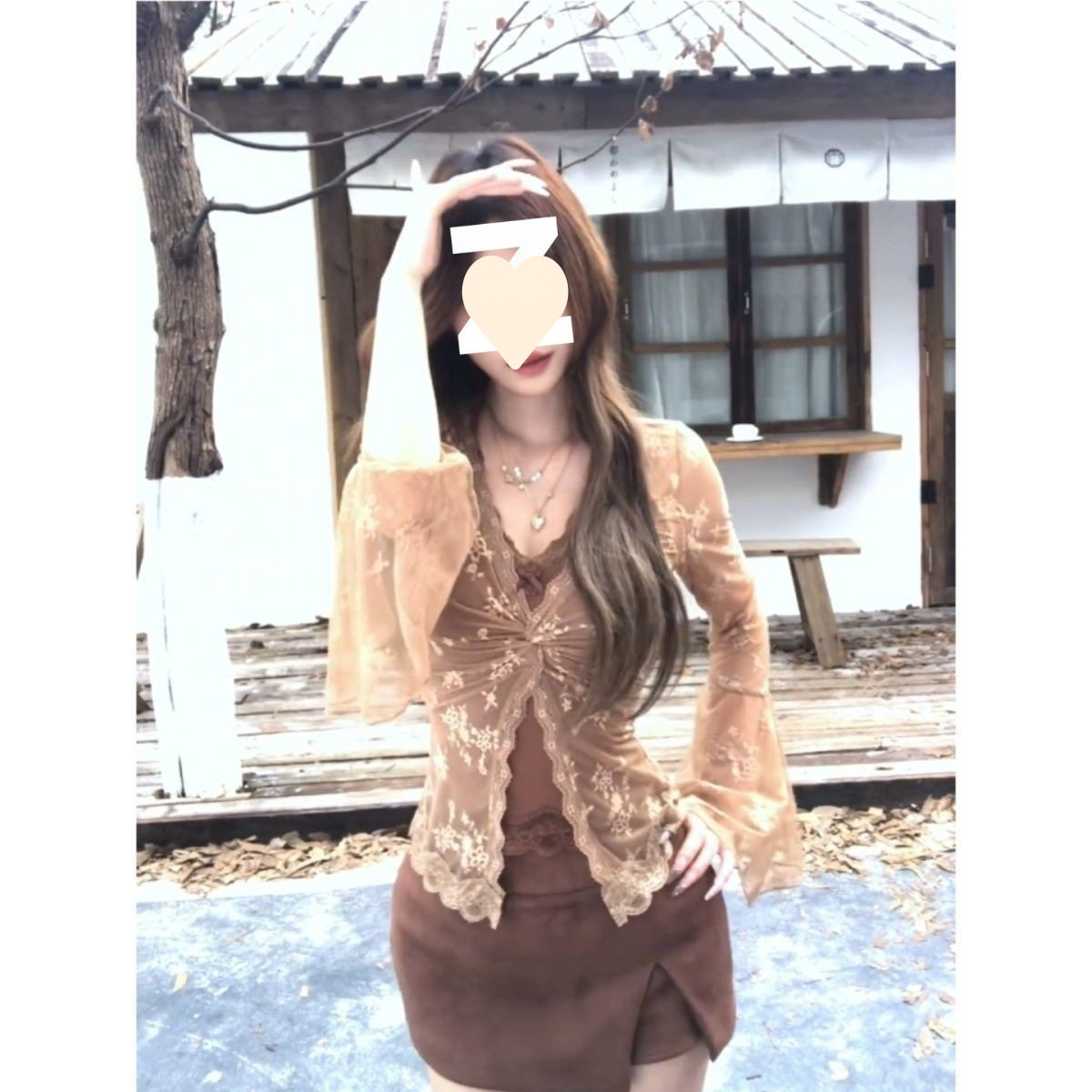 Charming Hot Girl Twisted V-Neck Lace Shirt with Bell Sleeves Slimming Look Top Slimming Look Skirt Early Autumn Two-Piece Set