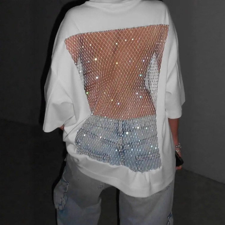 Womens Sheer Back Top Solid Color Round Neck Loose Fit Mid Sleeve Casual Wear for Spring Summer OEM Available