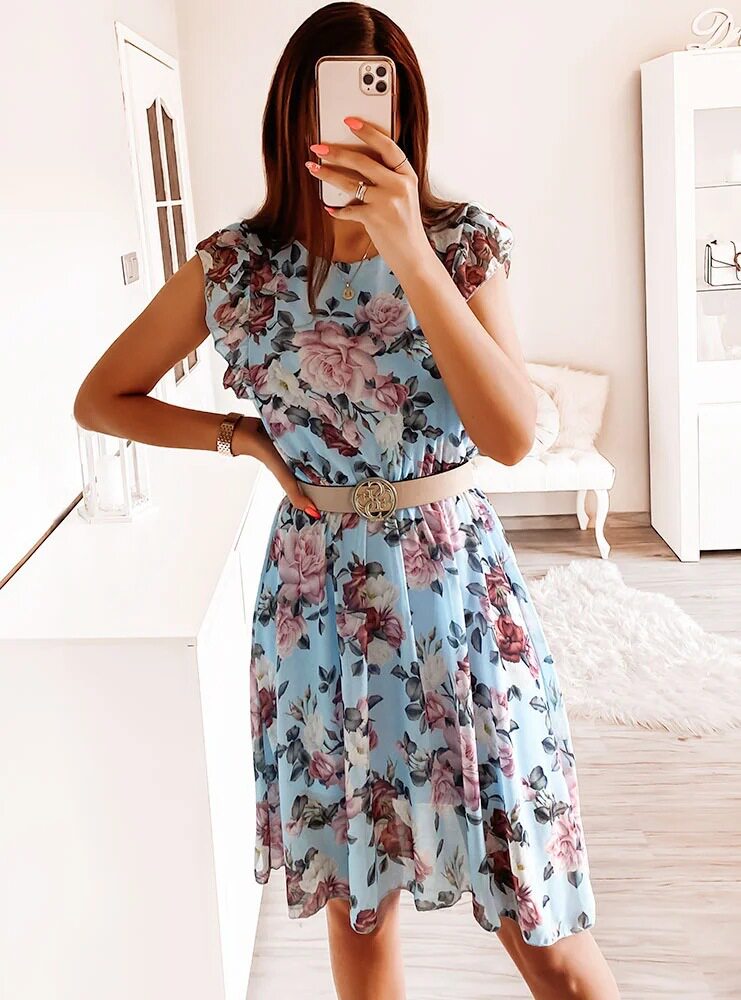 Chiffon Ruffle Sleeve Dress Summer Floral Print Sexy Design Available in 6 Colors Perfect for Casual or Evening Wear