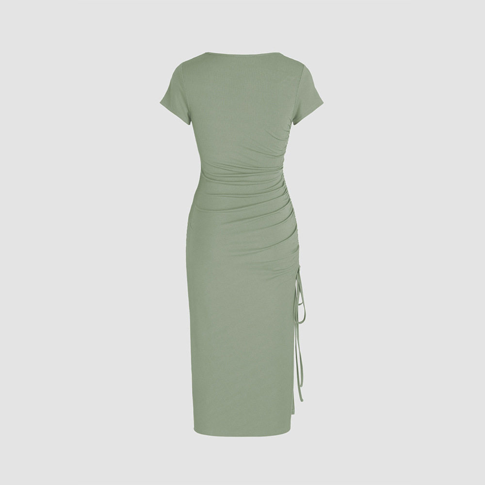 Knit Bodycon Dress Elegant V Neck Side Slit Slim Fit Ribbed Fabric Perfect for Parties and Events Wholesale