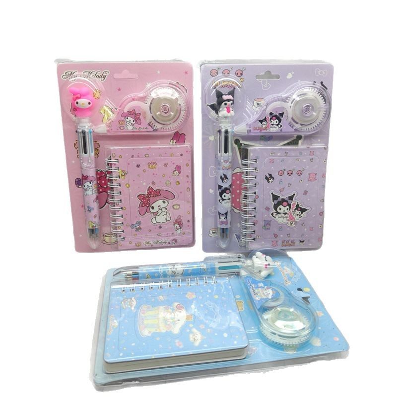 Foreign Trade Sanrio Six-Color Ballpoint Pen Stationery Set Big-Eared Dog Correction Belt Cute Kuromi Coil Book Combination
