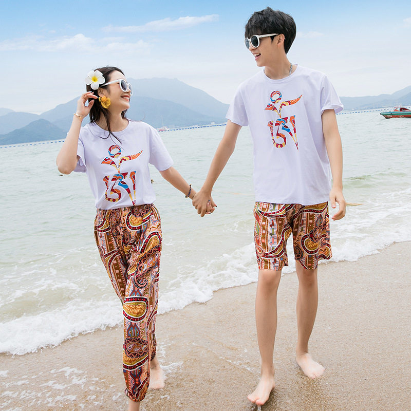 情侣装夏2025新款海南三亚旅游短袖男t恤海边女九分裤沙滩裤套装,淘宝优惠券,粉丝福利购,淘宝优惠卷