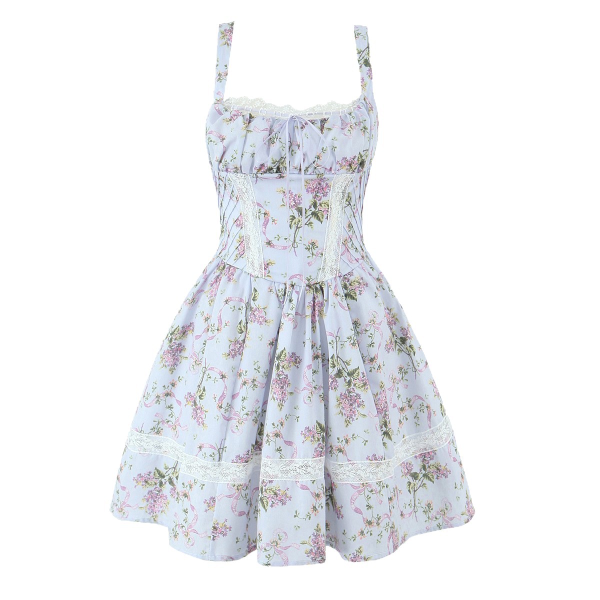Floral Print Backless Mini Dress Sexy Sleeveless Waist Cinching Flared Skirt Summer Party Wear Wholesale Available