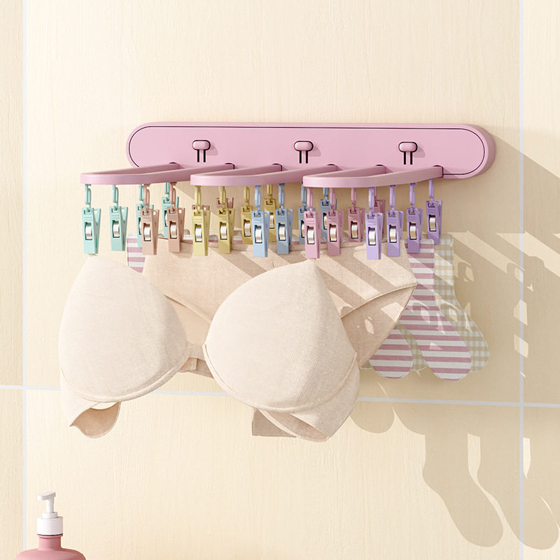 Multi-clip folding clothes hanger bathroom balcony drying socks rack punch-free multi-function wall hanging underwear artifact