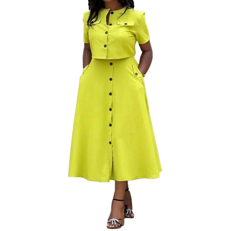 Womens Spring Short Sleeve Button Up Long Dress Set Solid Color Commuter Style Elegant Design Wholesale Available