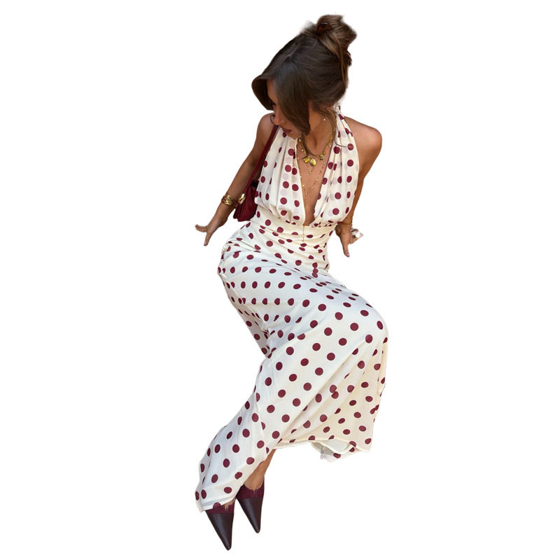 Summer Womens Dress Fashionable Polka Dot Print Sexy Halter Neck Backless Bodycon Maxi Perfect for Parties