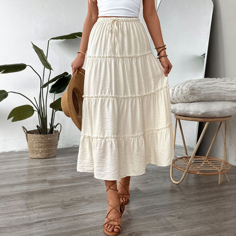 Layered Solid Color Summer Maxi Skirt Casual Style Minimalist Design Adjustable Tie Wholesale Available