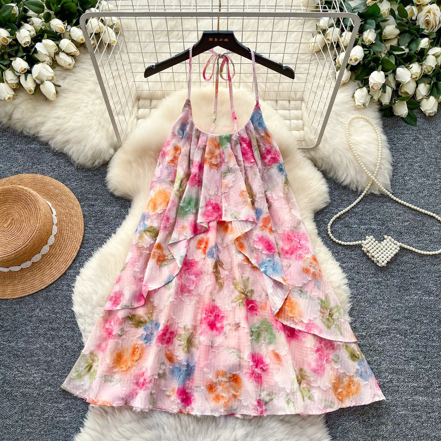 Floral Print Halter Dress Summer A Line Silhouette Sweet Pink Color Soft Hem Perfect for Vacation or Casual Outings