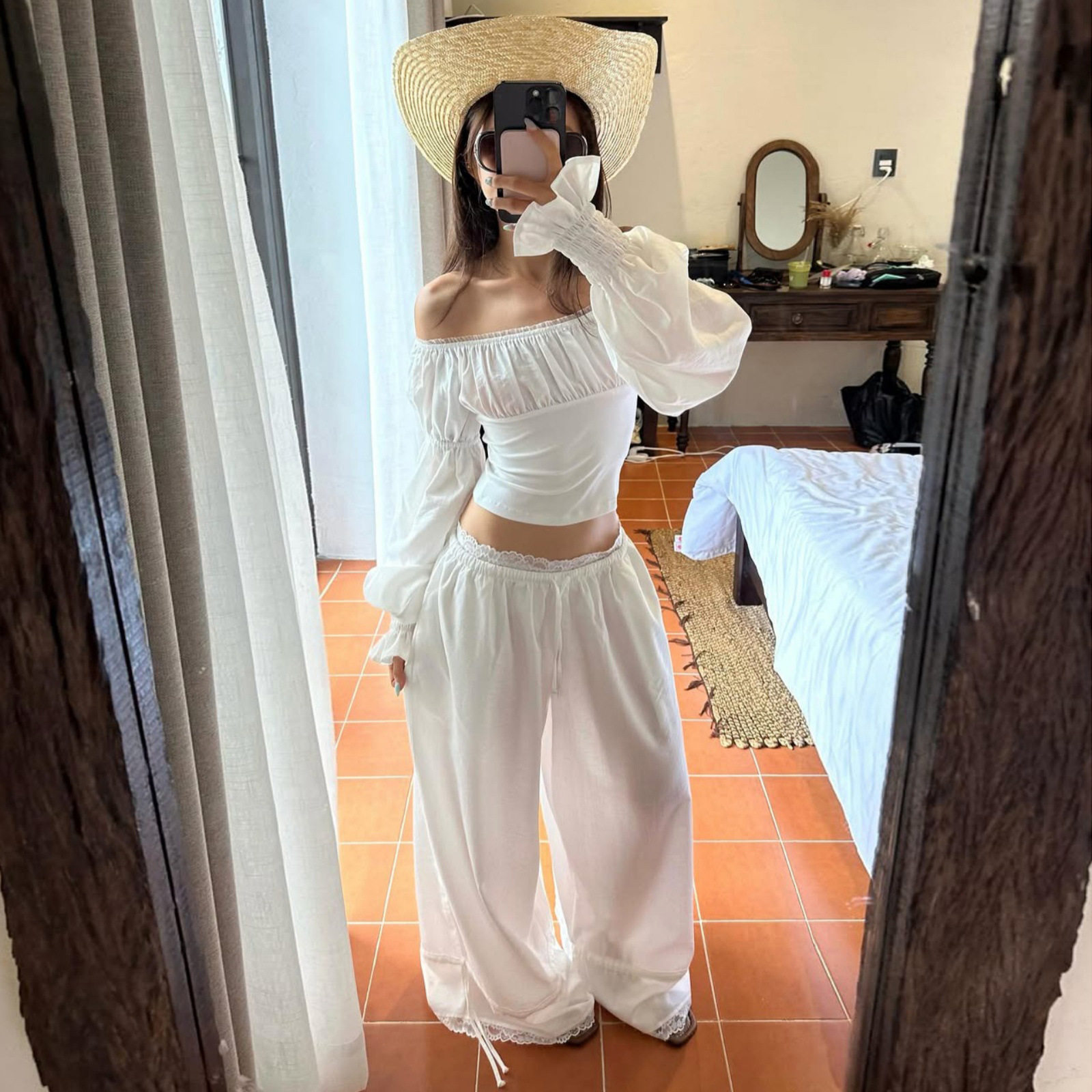 Off Shoulder Bell Sleeve Top and Cuffed Pants Set Sweet Style Trendy Design Autumn Wholesale Available