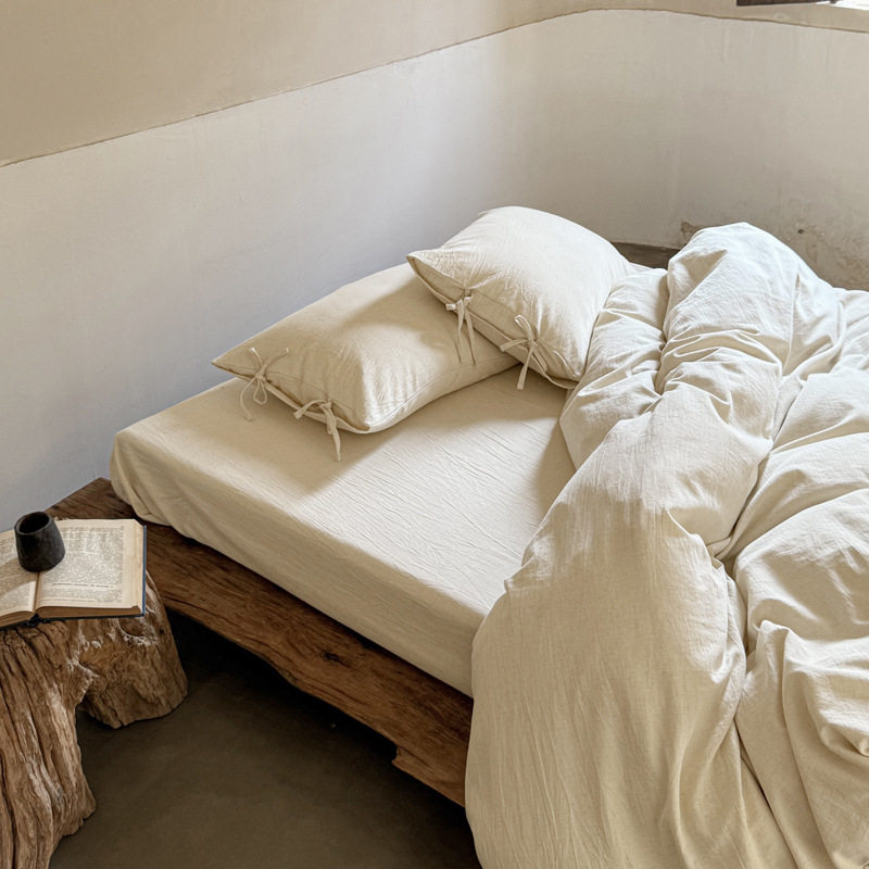 Class a Wabi-Sabi Washed Cotton and Linen Bed Four-Piece Set Japanese-Style B&B Pure Cotton and Linen Quilt Cover Bed Bed Sheets Three-Piece Set