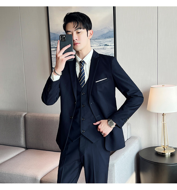 Bộ vest nam ôm dáng ba món phong cách công sở và dự tiệc cưới — Màu xám (áo một nút + áo vest + quần), Màu xanh navy (áo một nút + vest + quần), Màu xám (áo một nút + quần), Màu xám (áo đơn một nút)