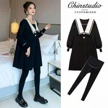 Internet Celebrity Maternity Dress Autumn Suit Fashionable New Knitted Top Autumn and Winter Maternity Sweater Skirt