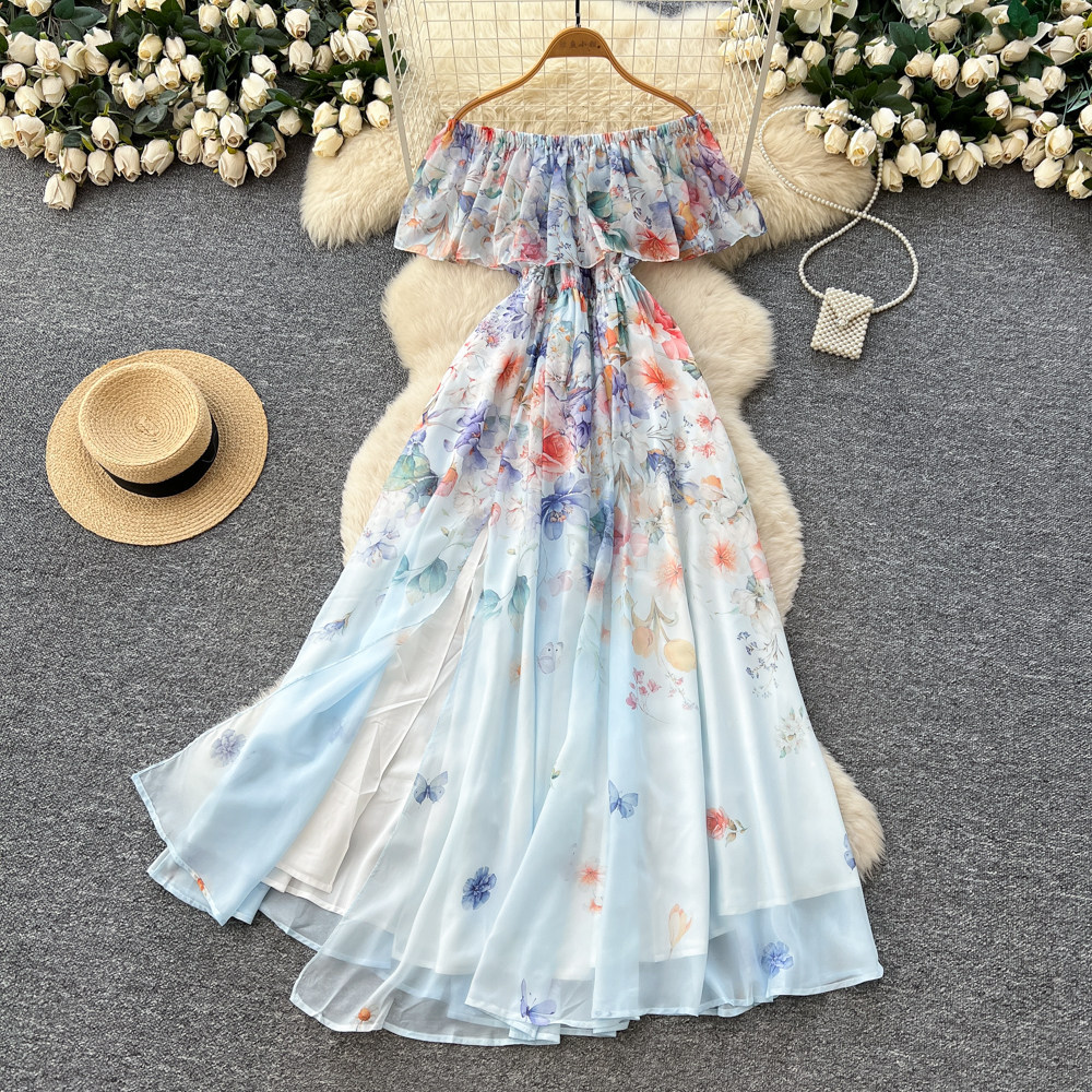 Off Shoulder Ruffle Hem Floral Maxi Dress High Waist Slim Fit Elegant Spring Summer Vacation Style Wholesale