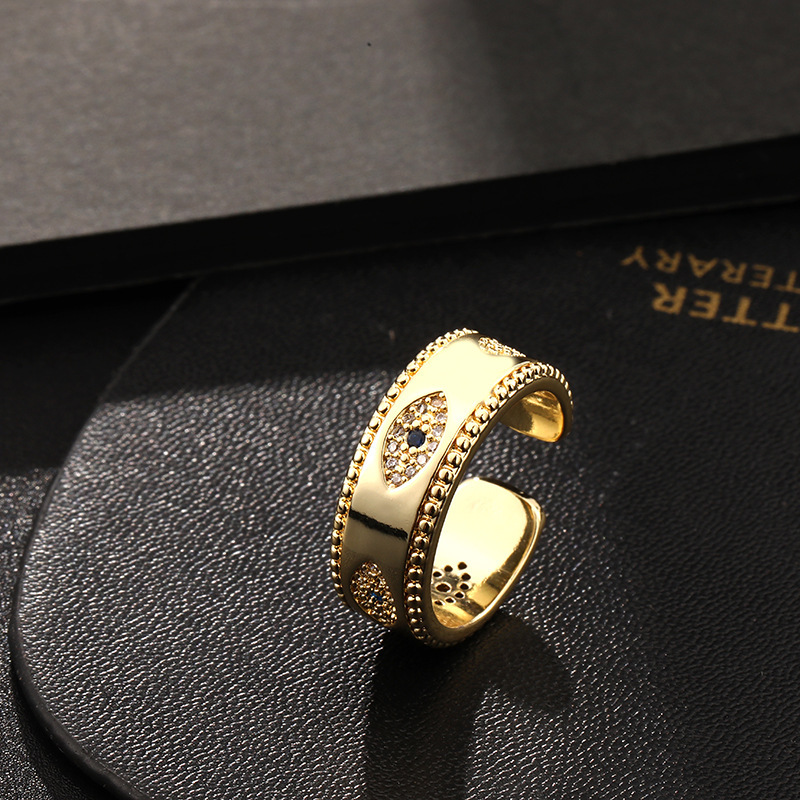 欧美跨境饰品货源铜锆石珐琅滴油戒指女邪恶之眼复古尾戒开口戒子