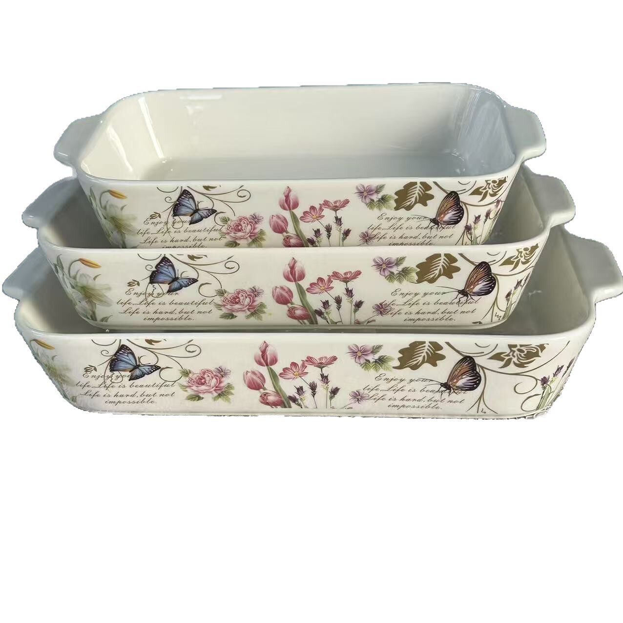 Foreign Trade Export Scandinavian Double-Eared Baking Pan Decal Household Ceramic Tableware Microwave Oven Rectangular Baking Pan Set