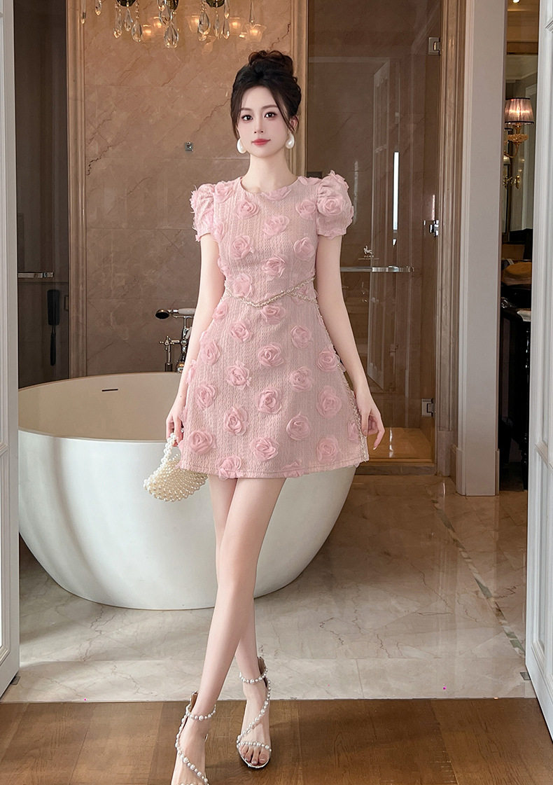 Đầm suông nữ midi tay ngắn cổ tròn eo cao dáng chữ A phong cách Pháp — [Hồng] chi tiết 7
