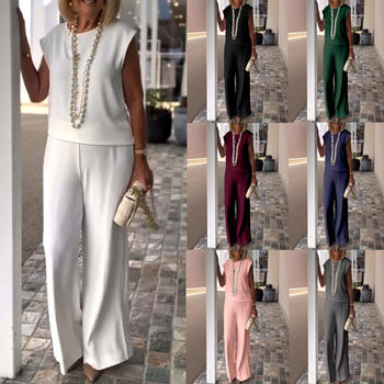 Spring and Summer 2025 New European and American Cross-border Independent Station Explosions Women's Solid Color Round Neck Sleeveless Top and Pants suit