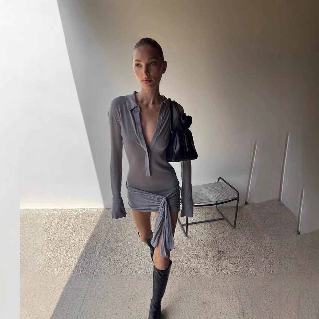 Womens Long Sleeve Polo Dress Slim Fit Button Closure Solid Color Adjustable Tie Winter Fashion Wholesale