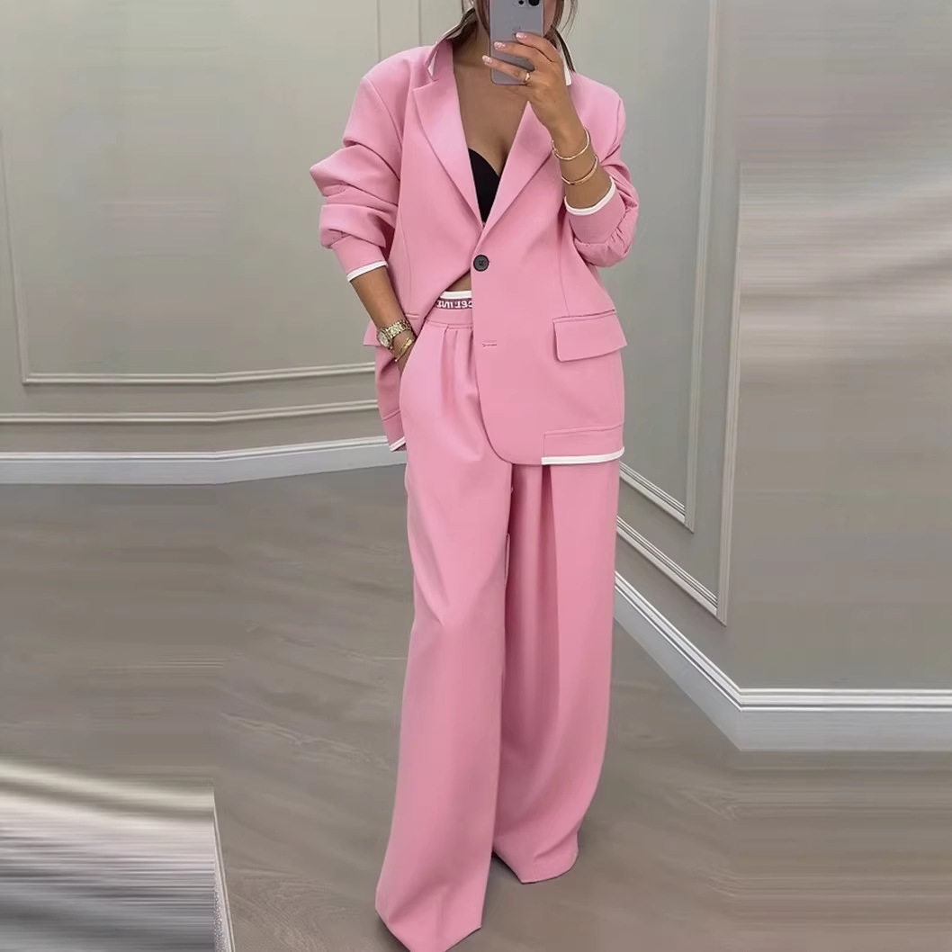 Womens Suit Set Elegant Long Sleeve Jacket Relaxed Wide Leg Pants Fall Winter Fashion Wholesale Available
