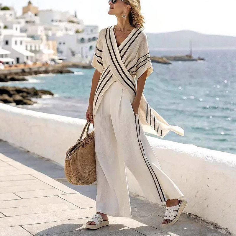 Fashionable Striped Cross Front Top and Wide Leg Pants Set Loose Fit Autumn Collection Casual Wear OEM Available