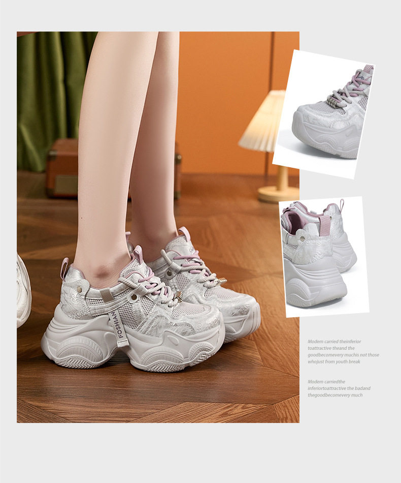 Giày sneaker nữ đế dày chunky lưới thoáng khí gót siêu cao 8 cm — Xám hồng, Len nguyên chất chi tiết 3