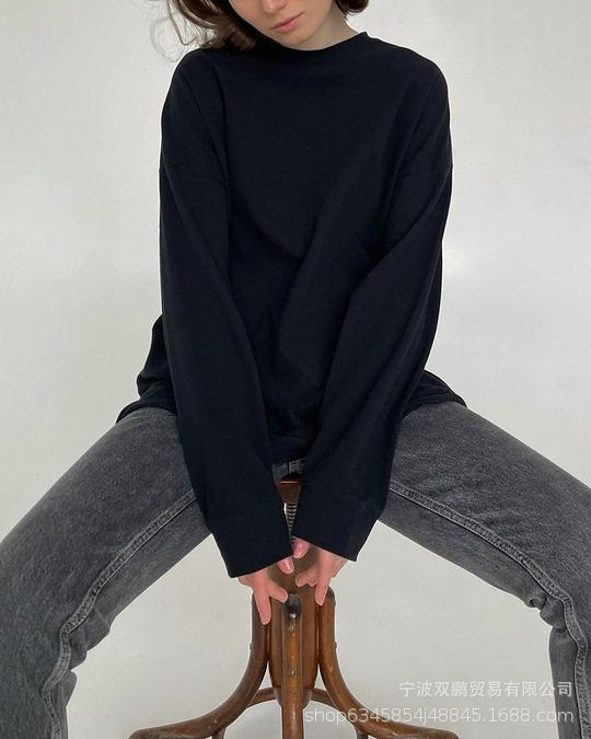 Womens Loose Fit Long Sleeve T Shirt 100 Cotton 220g Fabric Ribbed Cuffs Casual Wear Trendy Style Wholesale