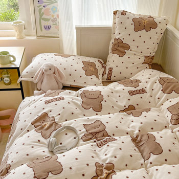 Ins Style Milk Velvet Winter Four-piece Set Student Dormitory Faleel Velvet Bed Three-piece Set Quilt Cover Cartoon Bear Bed Sheet