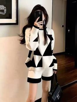 Korean New Autumn and Winter Lazy Style Outfit, Slimming Plaid Casual White Knit Top and Pants Two-Piece Set