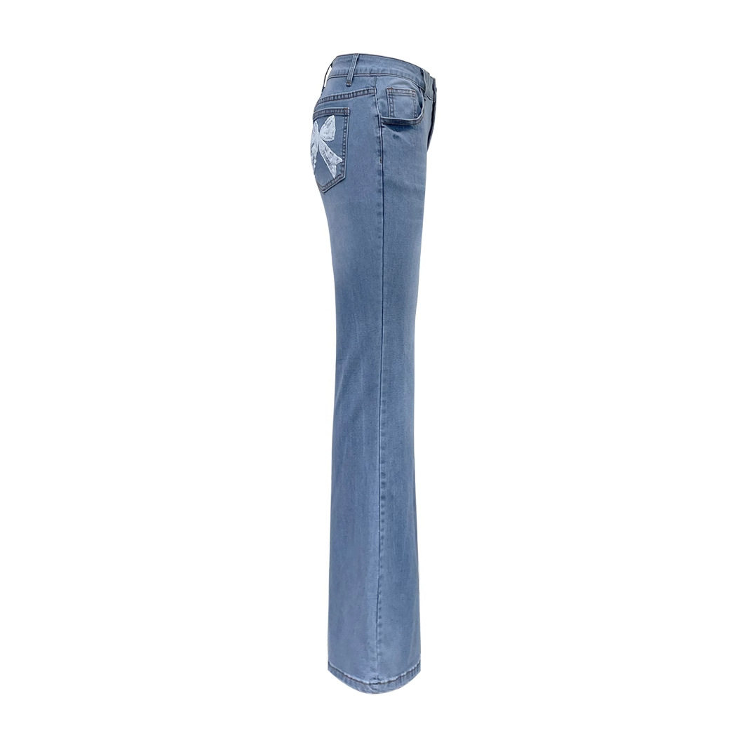 Trendy Womens Denim Pants Bow Tie Print Casual Style Comfortable Fit Wholesale Available customizable