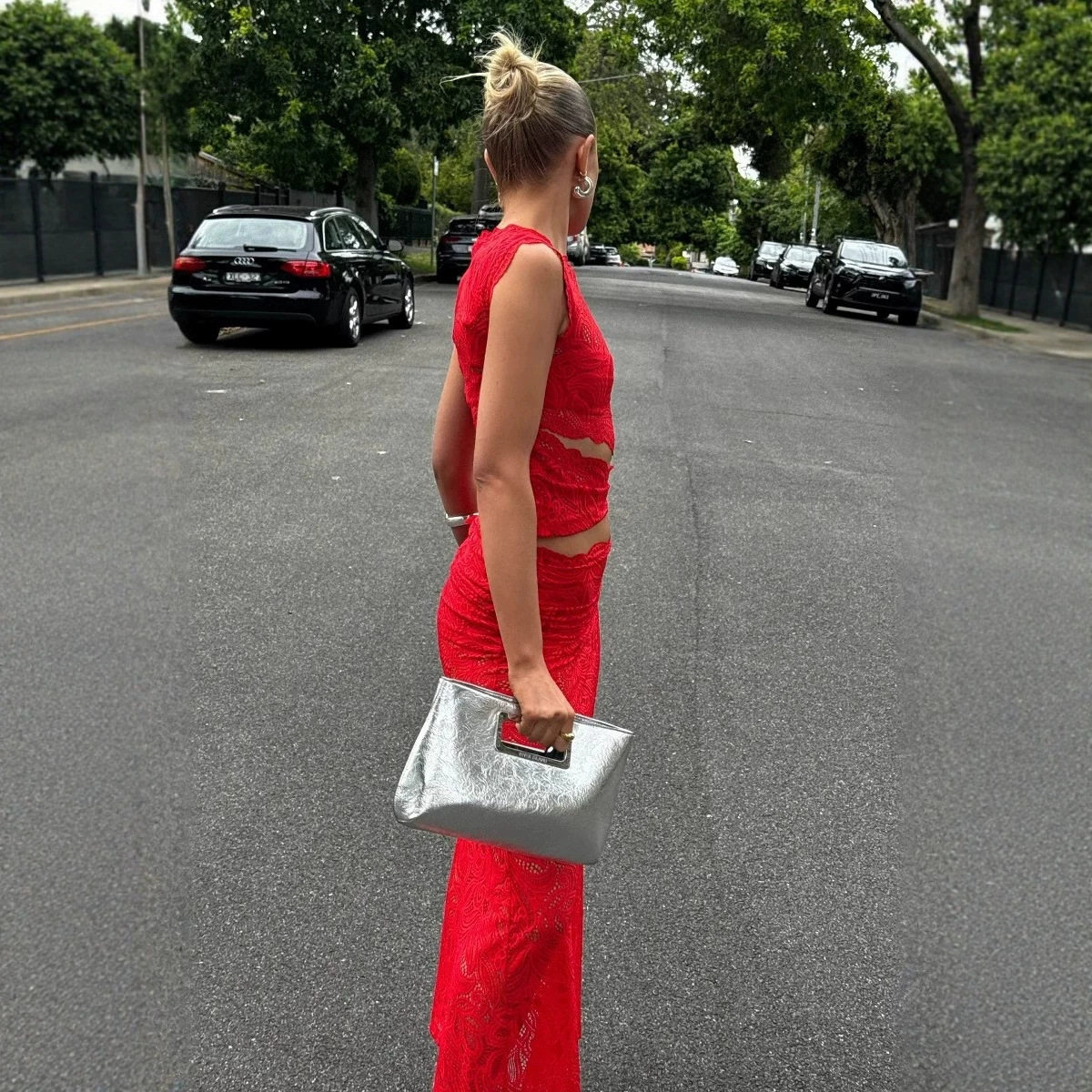 Red Lace Sleeveless Top with Asymmetrical Hem Sexy Design Mermaid Skirt Evening Wear Party Outfit Wholesale