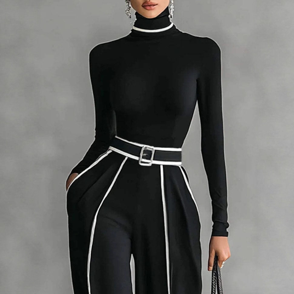 Womens Color Block Long Sleeve Top and High Waisted Wide Leg Pants Set Winter Collection Casual Chic Style Wholesale