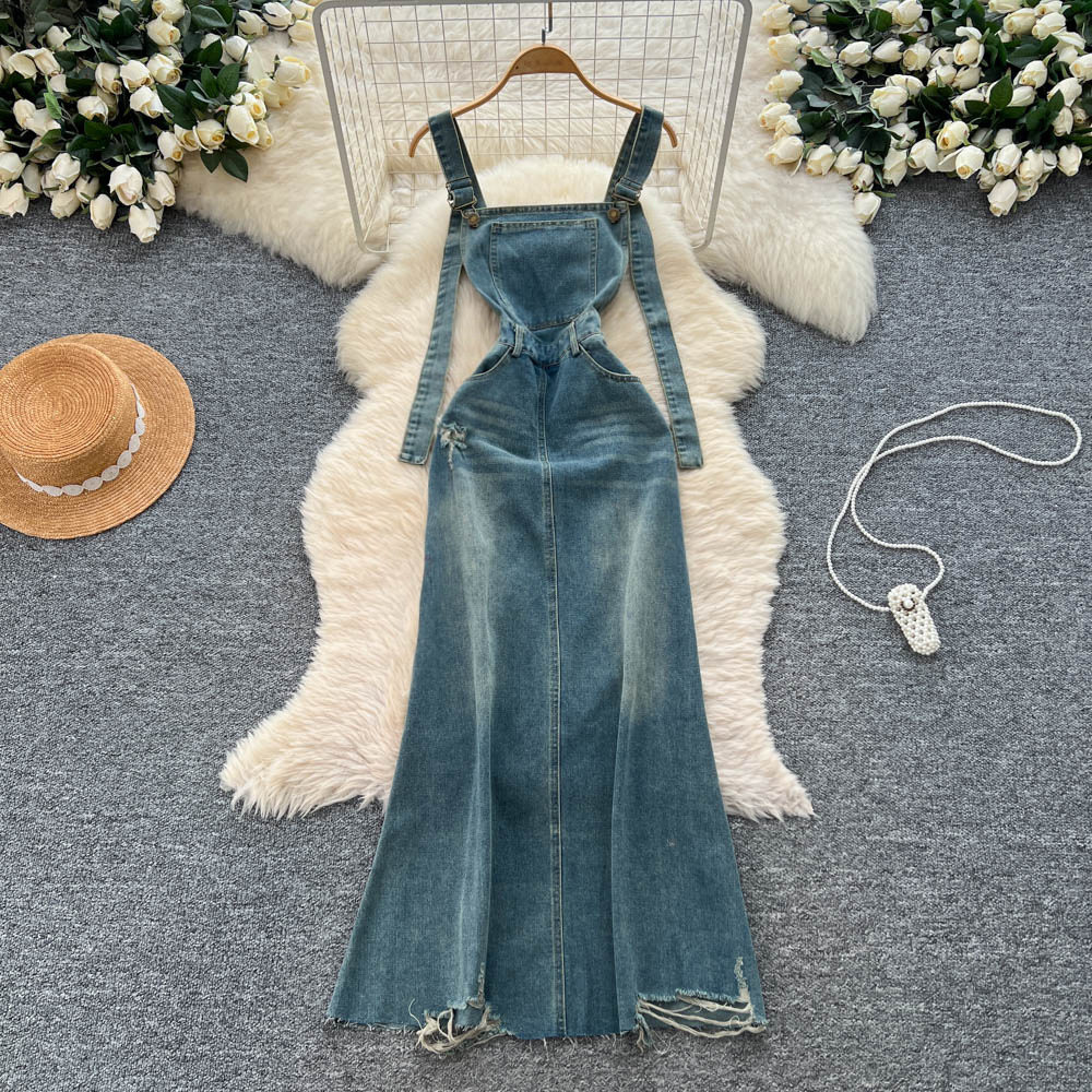 Vintage American Style Denim Overall Dress for Women Distressed Frayed Hem Slim Fit Autumn Casual Wear Wholesale
