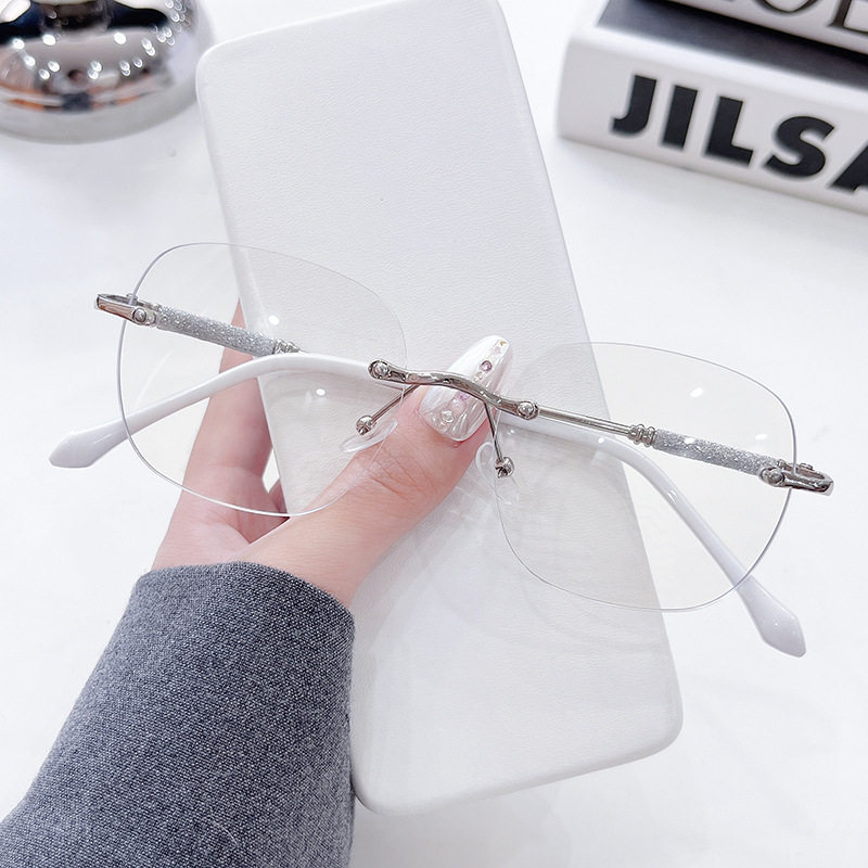 Photochromic Rimless Glasses for Women, Starry Sky Anti-Blue Light Photochromic Reading Glasses, Plain Glasses Frame, Metal Glasses