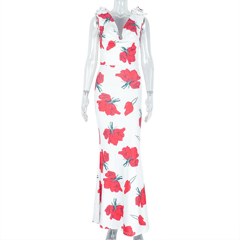 Elegant Floral Print Backless Long Dress Wrinkled Design Slim Fit Mid Waist Perfect for Parties and Special Occasions