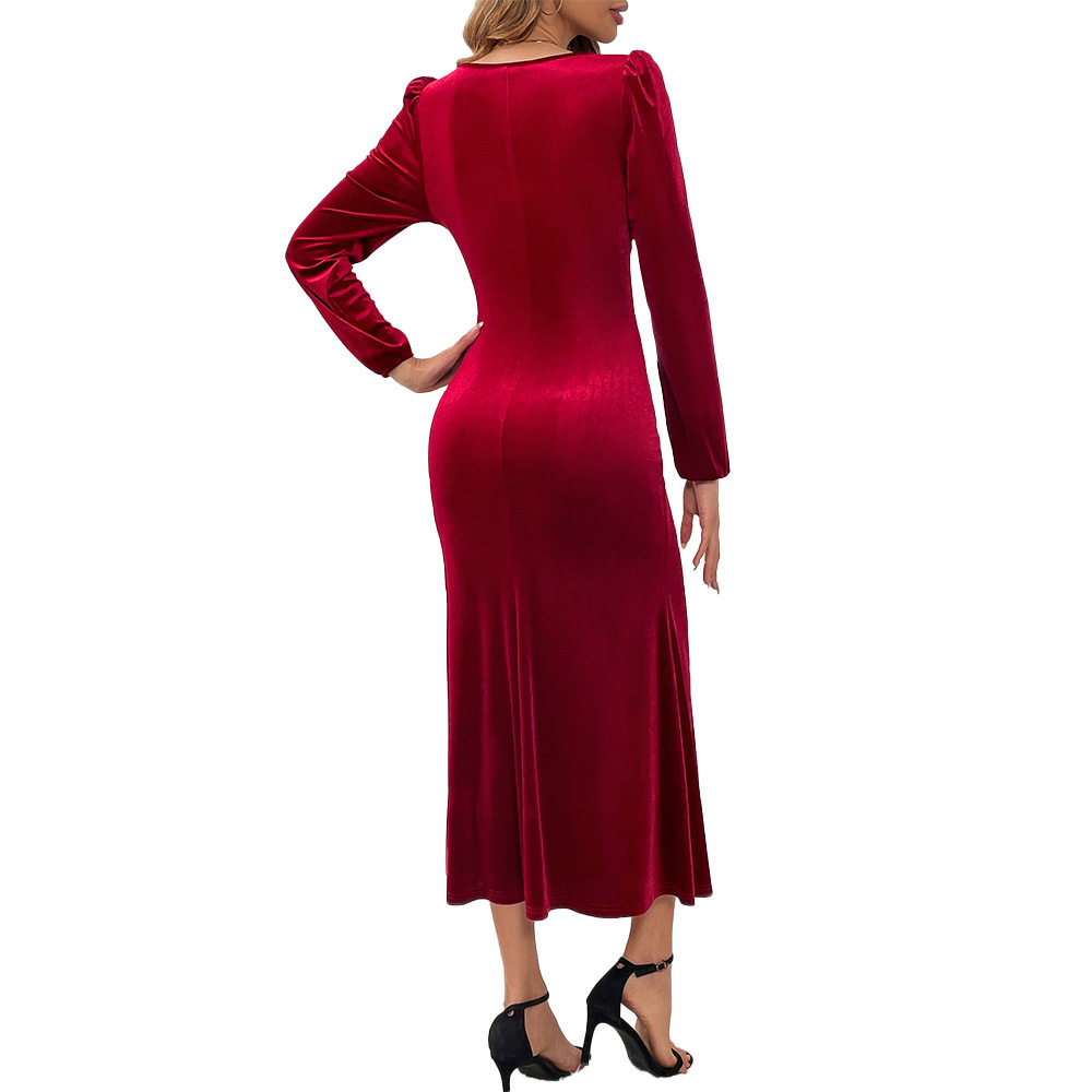 Elegant Velvet Bodycon Dress Deep V Neck Waist Cinching Side Slit Perfect for Parties and Special Occasions