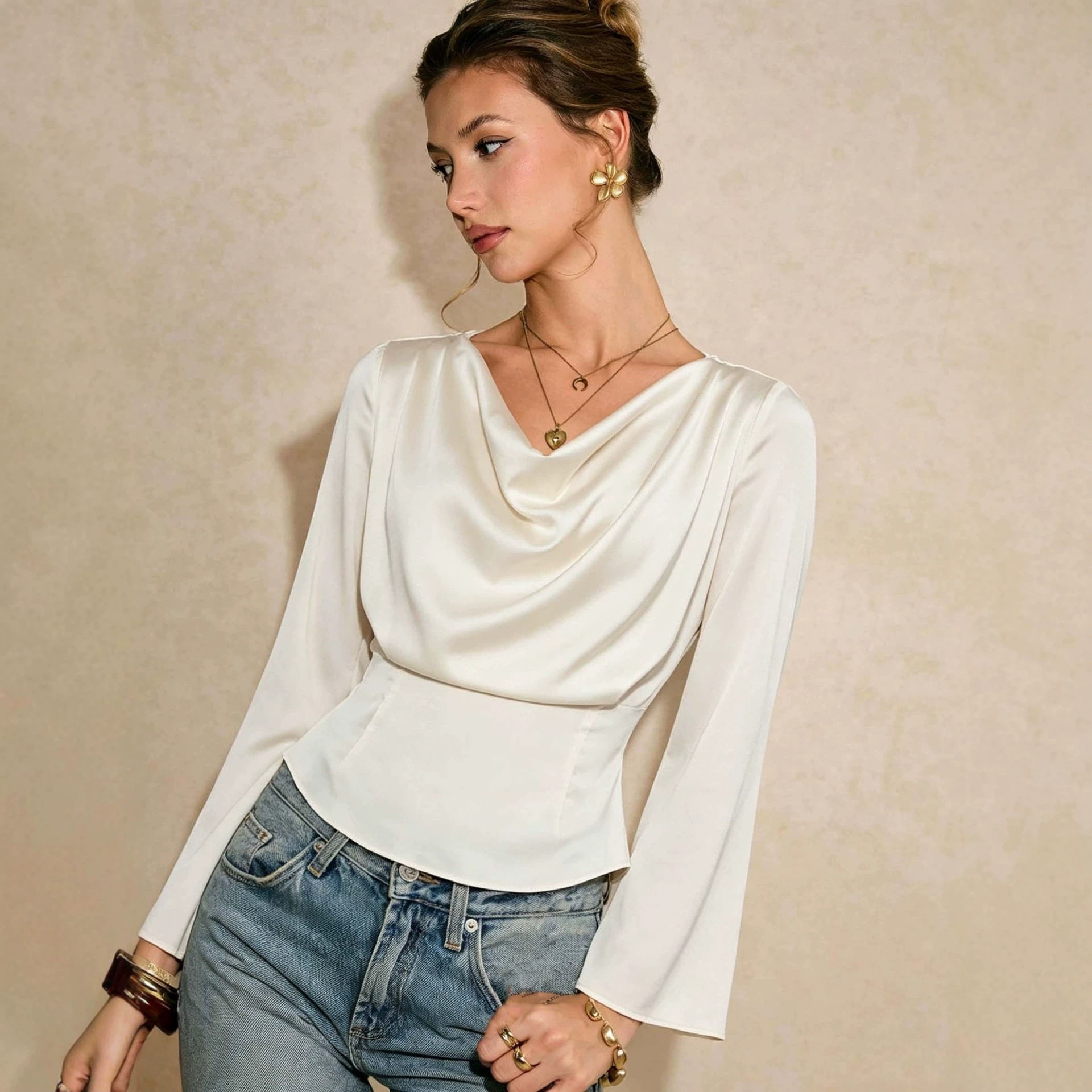 Satin Long Sleeve Blouse for Women V Neck Waist Tie Slim Fit Elegant Style Perfect for Casual or Formal Occasions