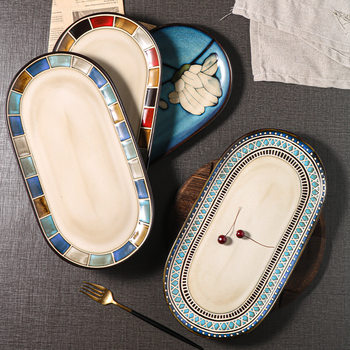 Underglaze Color Kiln Glaze Ceramic Tableware Hand-painted Binaural Fish Plate Shaped Oval Creative Octagonal Flaw Creative Dishes