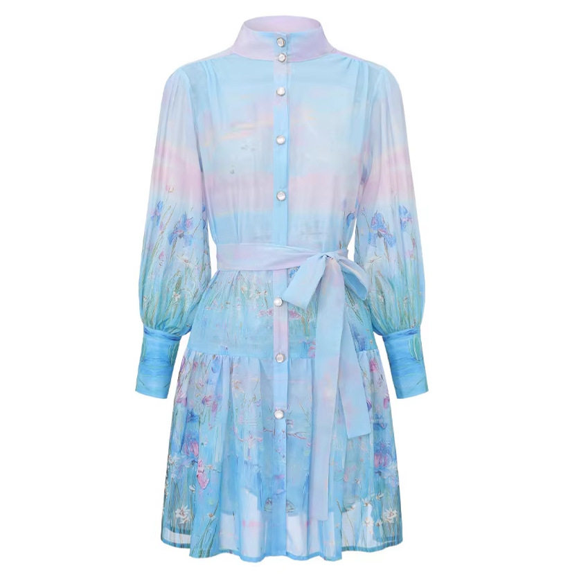 Vintage Floral Print Lantern Sleeve Dress for Women Summer Slim Fit Ruffled Hem A Line Silhouette Casual Wear