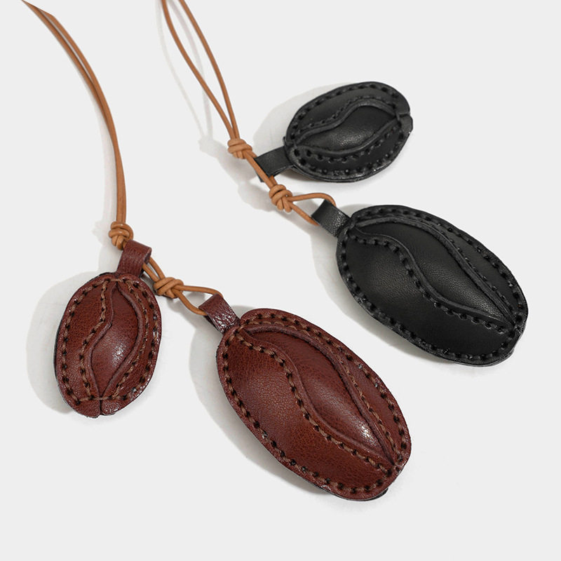 Vegetable-Tanned Leather Coffee Bean Cocoa Bean Genuine Leather Keychain Pendant First Layer Cowhide Colorful Bag Accessory Car Accessory