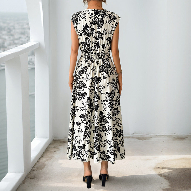 Elegant Black and White Floral Print Sleeveless Dress V Neck Trendy Design Perfect for Summer Events Wholesale