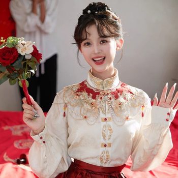 New Chinoiserie Han Dynasty Women's Toast Clothing Engagement Clothing Suit Embroidered Top Cloud Shoulder National Style Red Horse Face Skirt Heavy Industry