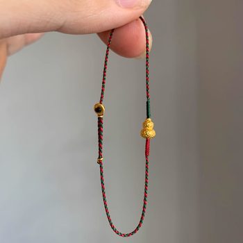 Gilded Fortune Bracelet with Small Lucky Gourd and Mandarin Duck Pattern, Pullable Handmade Woven Red and Green Rope, Elegant Style