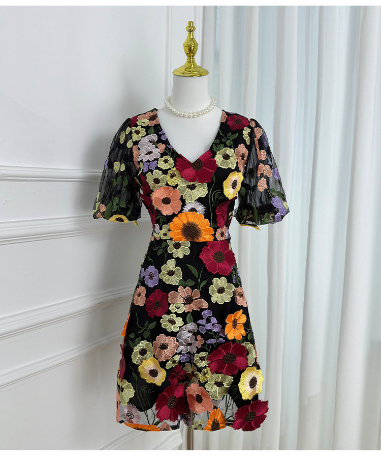 Summer V Neck Puff Sleeve Dress Handcrafted 3D Embroidery Solid Color Elegant A Line Silhouette Perfect for Parties