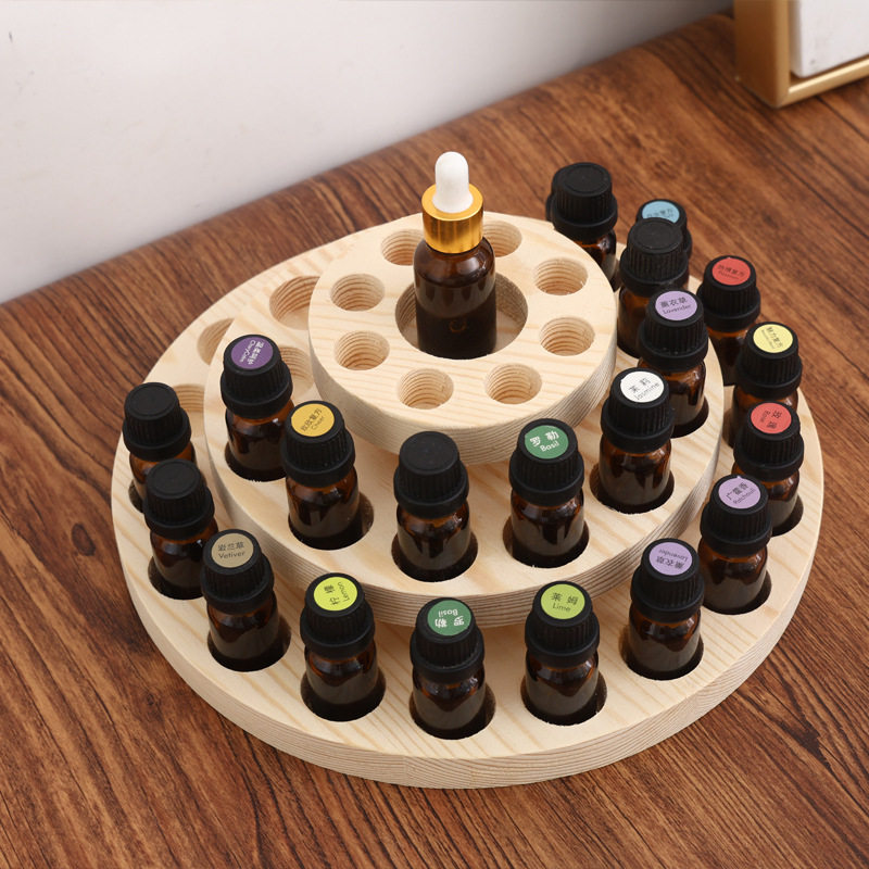 38-Slot Essential Oil Display Rack, 360-Degree Rotating Three-Layer Solid Wood Bottle Organizer, Desktop Storage Display Tray, Doterra