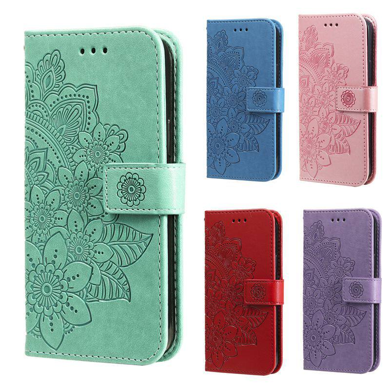 Suitable for iPhone 17 Embossed Seven-Petal Flower Phone Case, Apple 16/15 Card Holder Stand, S25 Google Protective Case
