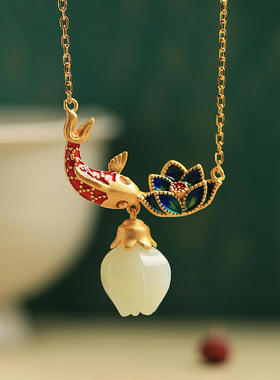 古法金和田玉项链女珐琅锦鲤莲花玉石吊坠轻奢小众级2025新款潮